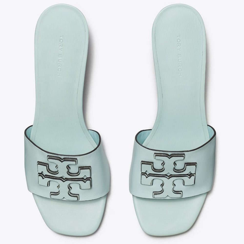 Tory Burch $298 Ines 55MM Leather Mules Blue Turquoise Sea Bubble Mid Heel - Picture 4 of 9